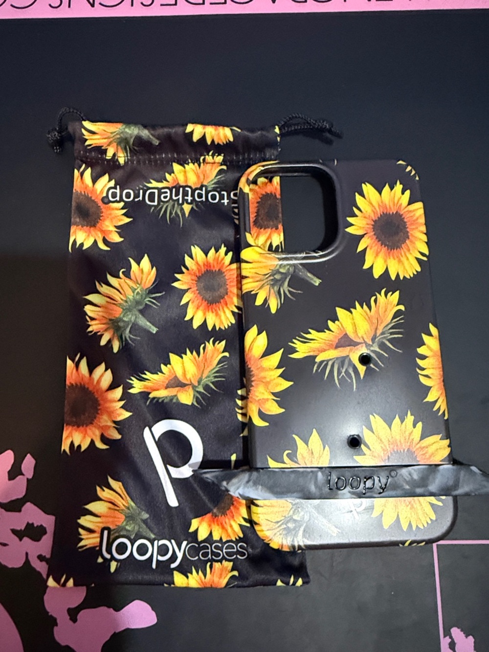 Loopy Case Sunflower Pattern Black Yellow Phone Case with Loopy Strap
